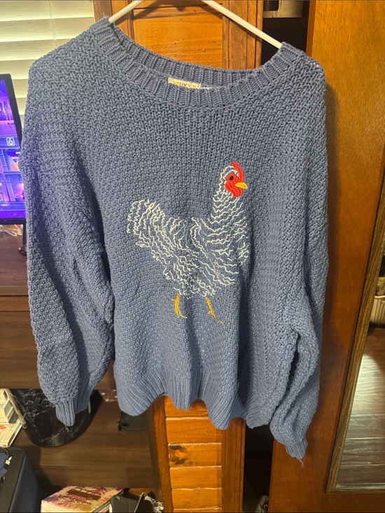 Sweaters - Women’s Blue Chunky Knit Sweater with Embroidered Chicken